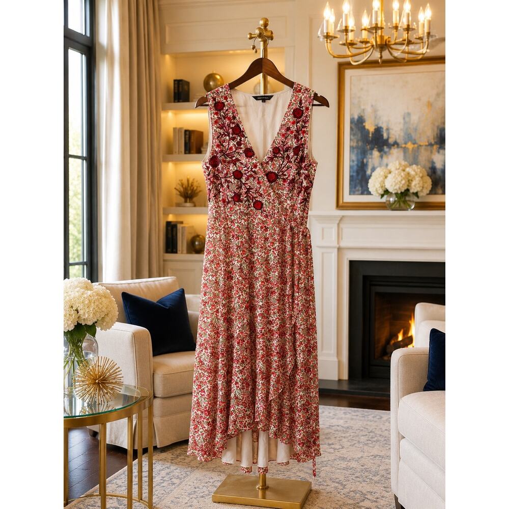 Ranna Gill Alexandra Red Floral Beaded Embroidered Wrap Flounce Maxi Dress L